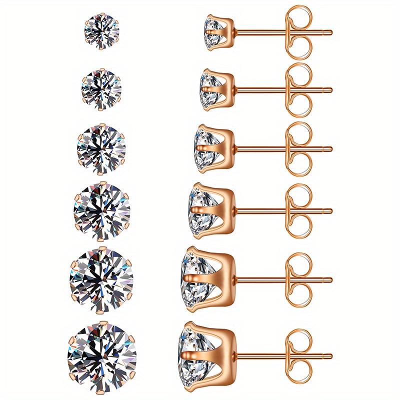 6pairs/set 3-8mm Stainless Steel Stud Earrings With Sparkling Hypoallergenic Cubic Zircon For Men And Women