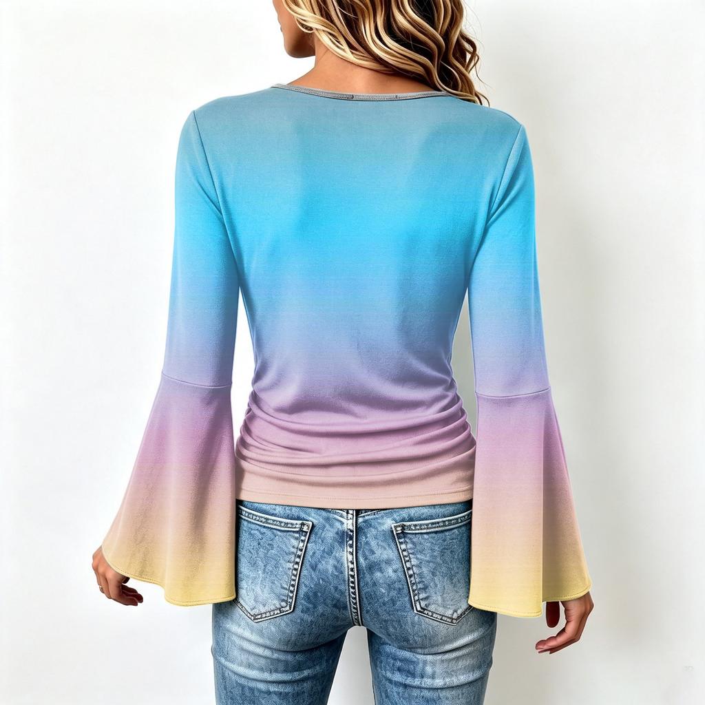 Women's Casual V Neck Long Sleeve Gradient Print Top