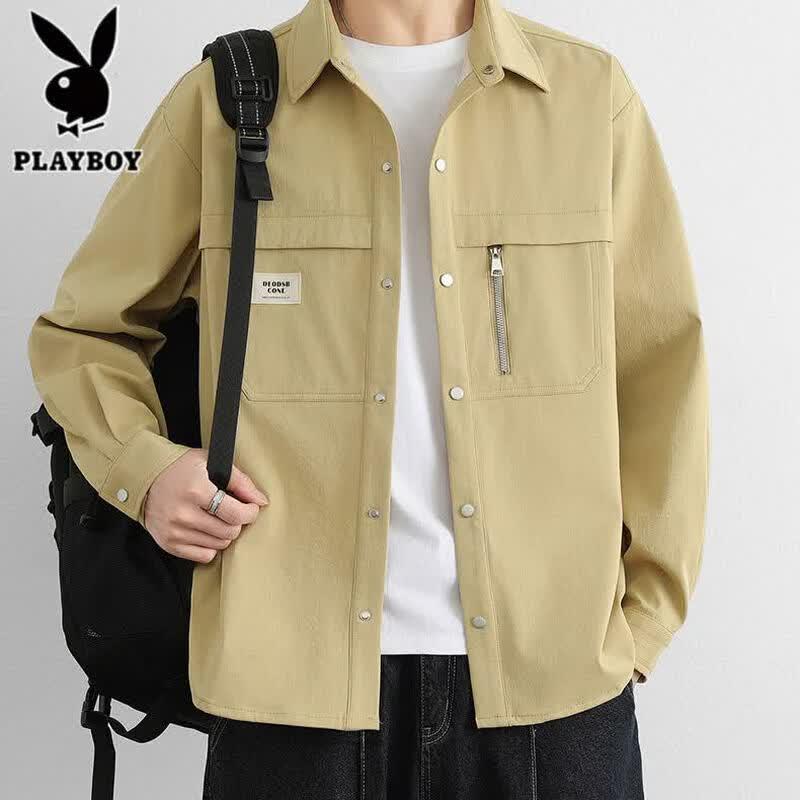 PLAYBOY Men's Loose Fit Collared Shirt Jacket