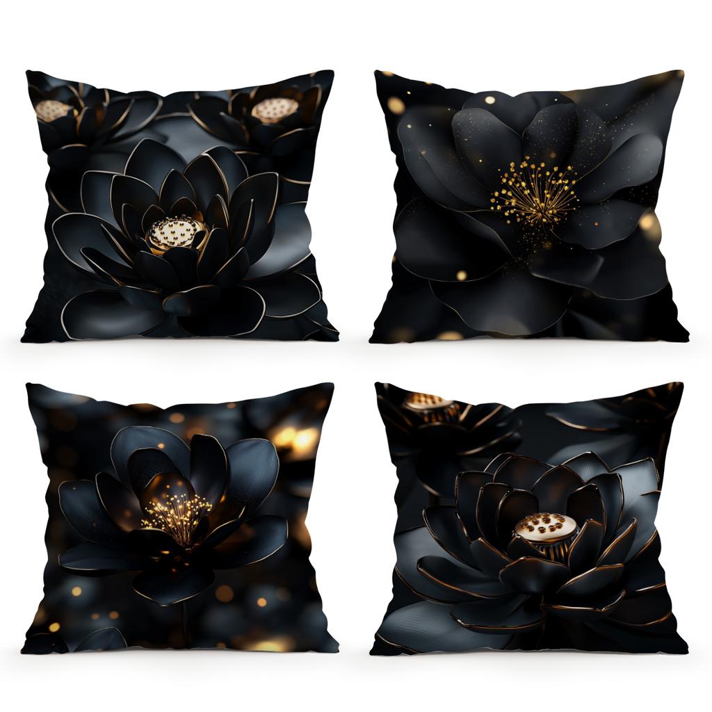 Black Flowers Cushion Pillowcase Printed Polyester 45X45Cm Throw Pillowcover Decorative Sofa Cushion Pillowslip Home Decor