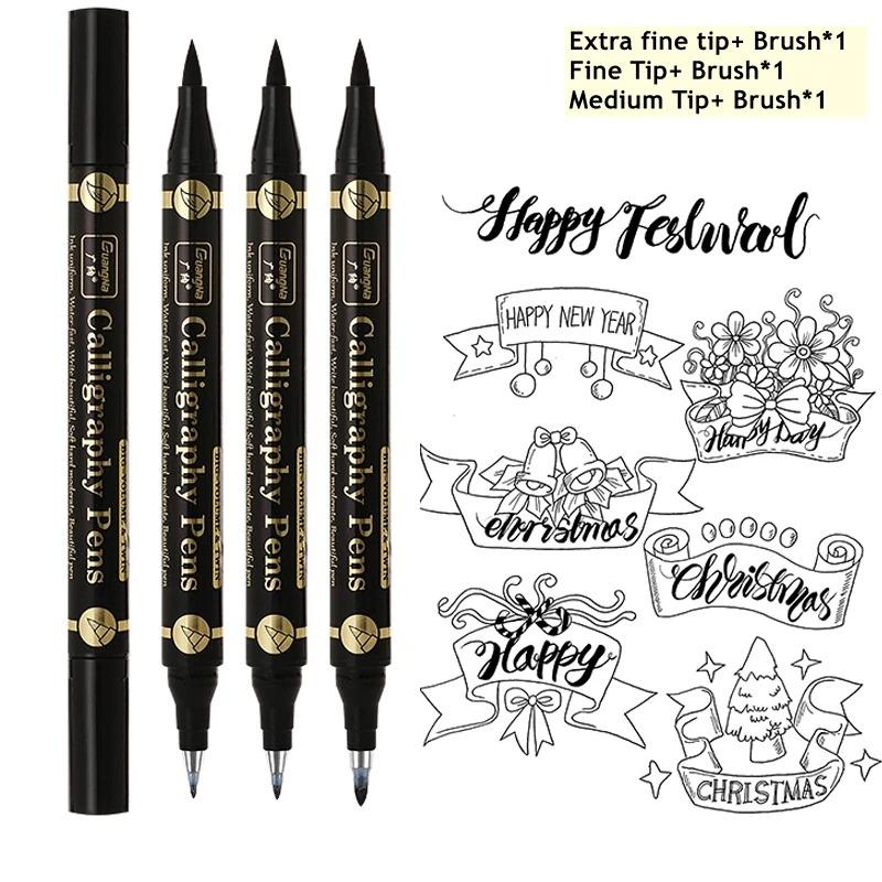 GuangNa Set da 3 Pezzi Pennelli Calligrafici per Disegno e Hand Lettering, Pennarelli Pennello con Inchiostro Nero per Arte, Calligrafia, Schizzi