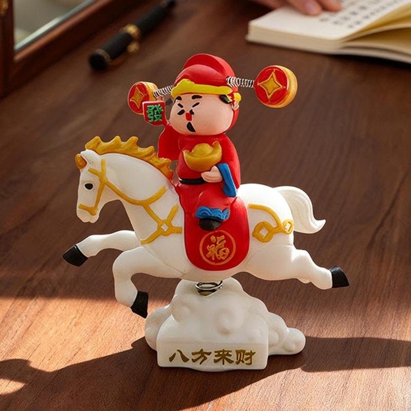 Lucky God of Wealth On Horse Statue Swaying Spring Motion Ornament For Desktop Decors And Vehicle Interior Enhancement