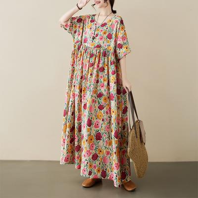 Καλοκαιρινή Λογοτεχνία Φορέματα με κοντό μανίκι σε μεγάλο μέγεθος Φαρδιά φλοράλ στάμπα Γυναικείο μακρύ φόρεμα με στρογγυλή λαιμόκοψη