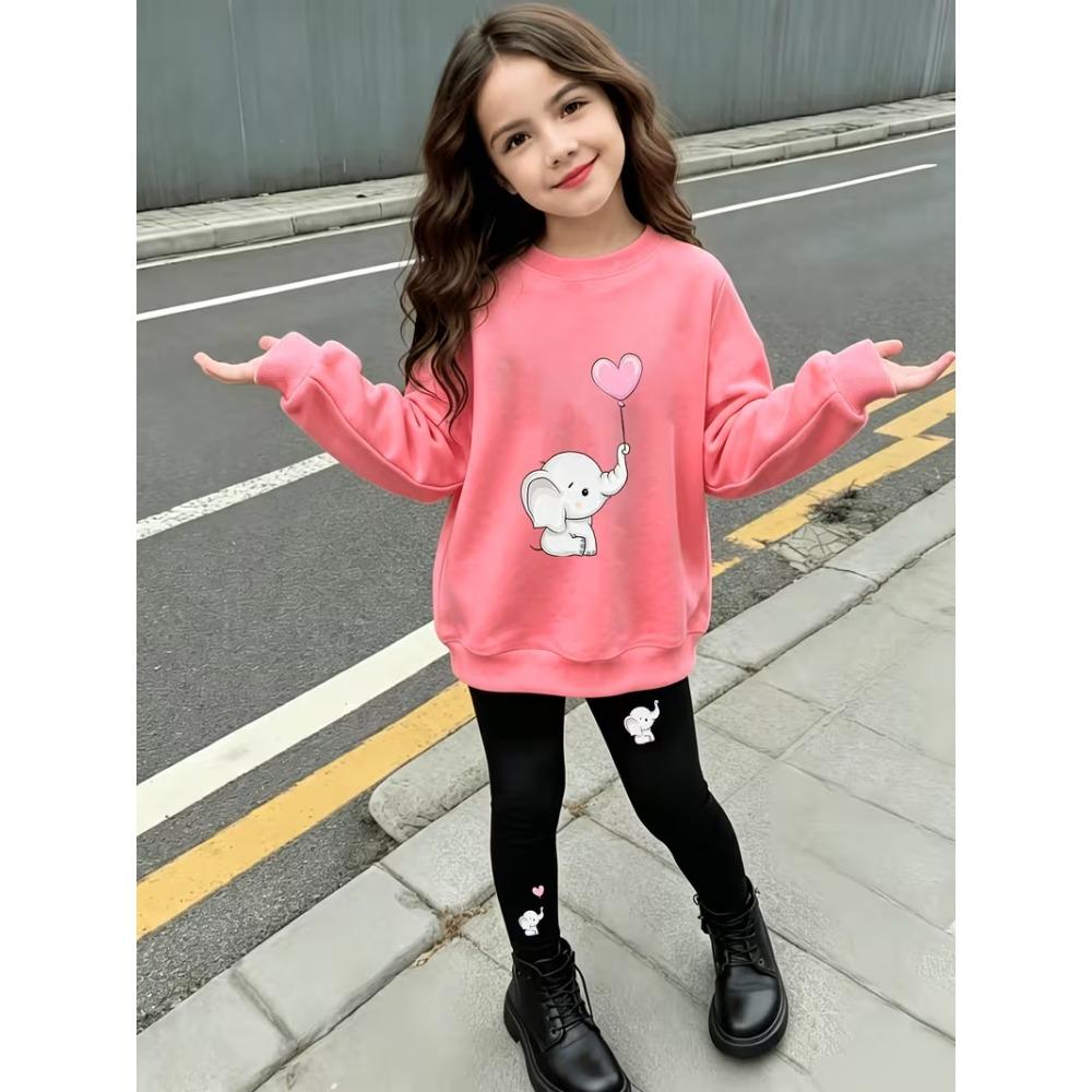 Girls' Cute Elephant Casual Comfortable Soft Loose Pullover Sweatshirt and Leggings 2-Piece Set, New Autumn/Winter, Playful, Sweet and Cool Style