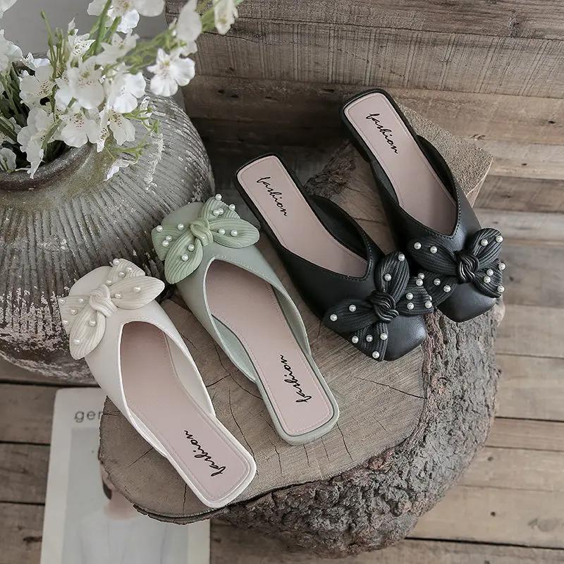 Fashion Low Heel Indoor Leather Women's Slippers and Ladies Sandals Outside Shoes Soft Job Slides Pearl Mules Natural Skin Footwear Pvc