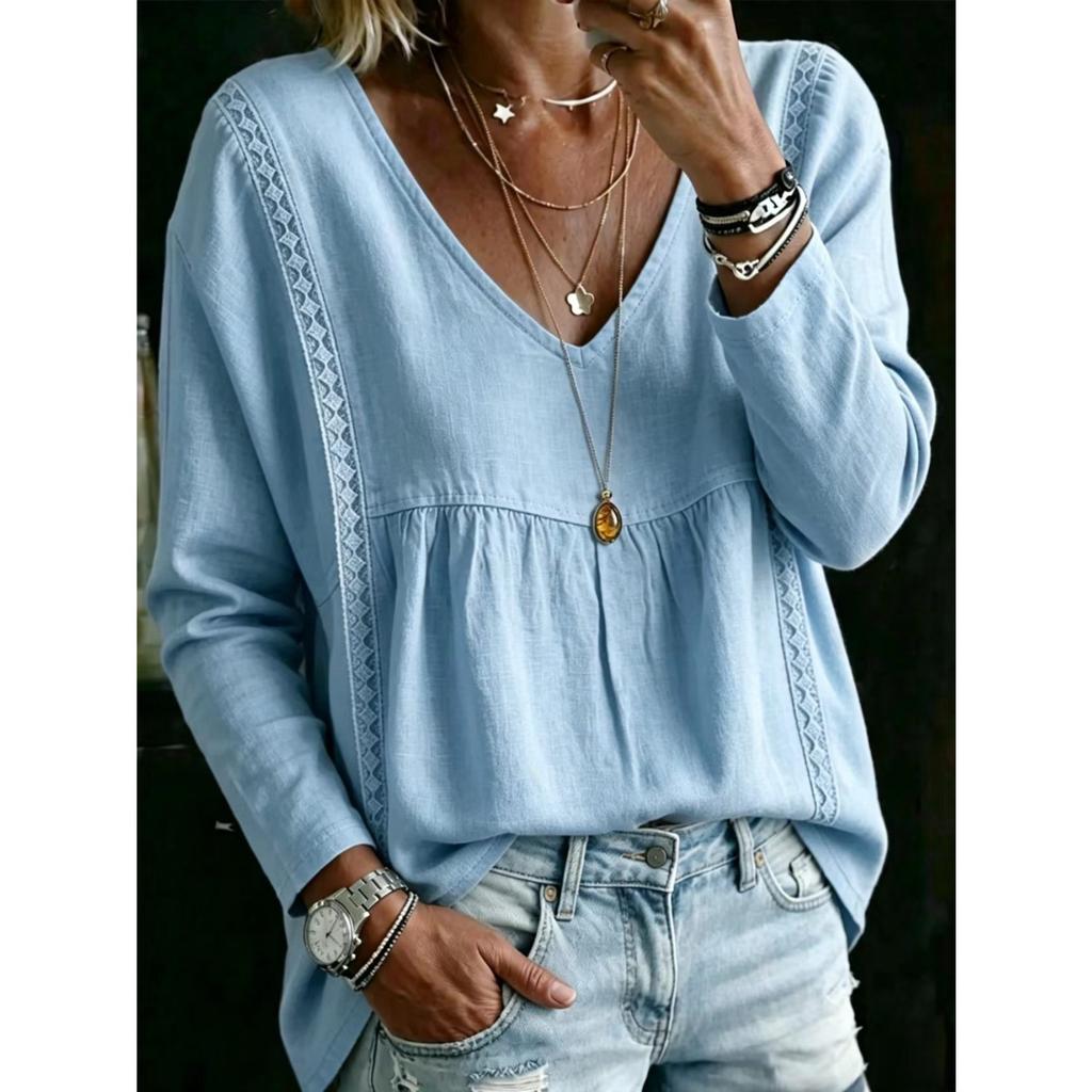 New autumn women's lace V-neck pullover solid color casual long-sleeved top