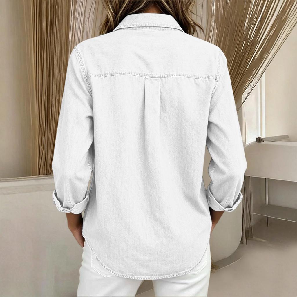 Women's Casual Long Sleeve Denim- Shirt with Stand Collar for Everyday Wear