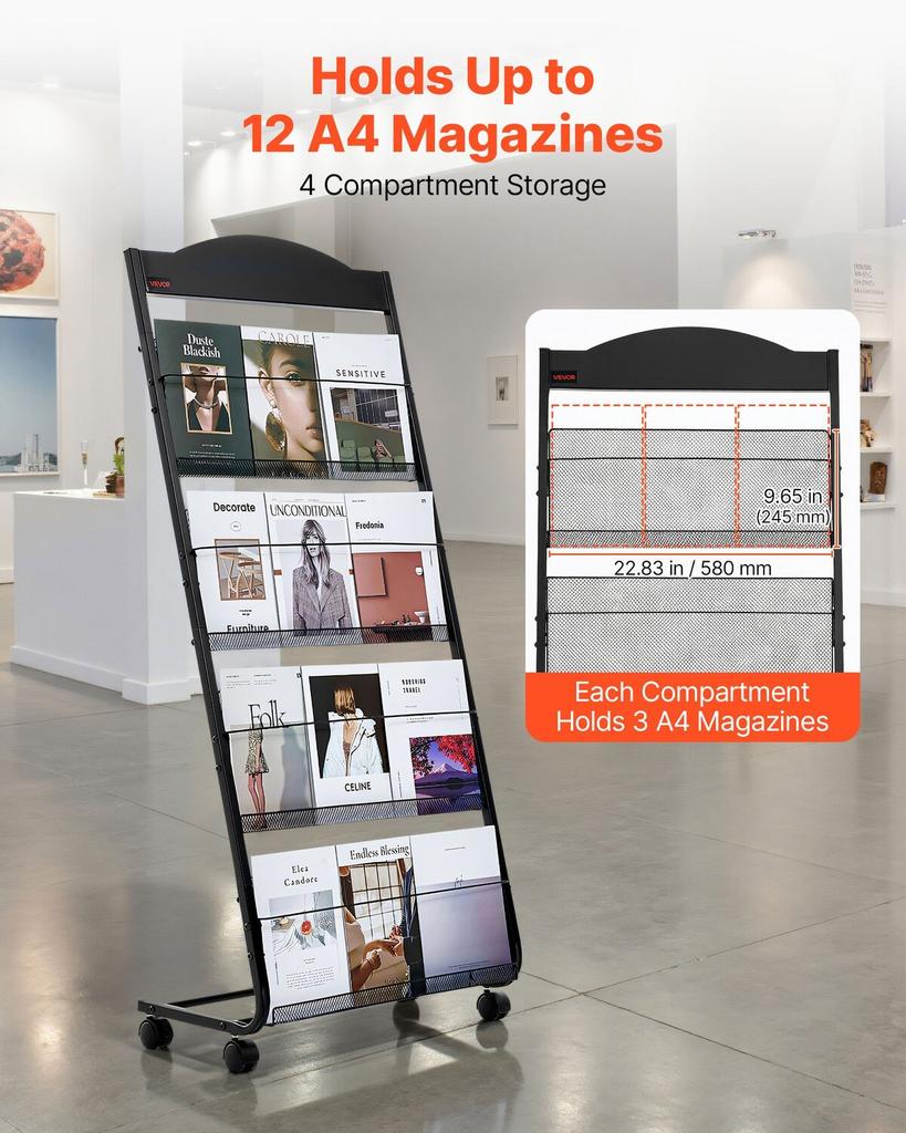 Brochure Display Rack, 4-Tier Magazine Literature Display Stand with Wheels, Movable Floor Standing Magazine Rack, Heavy Duty Newspaper Catalog