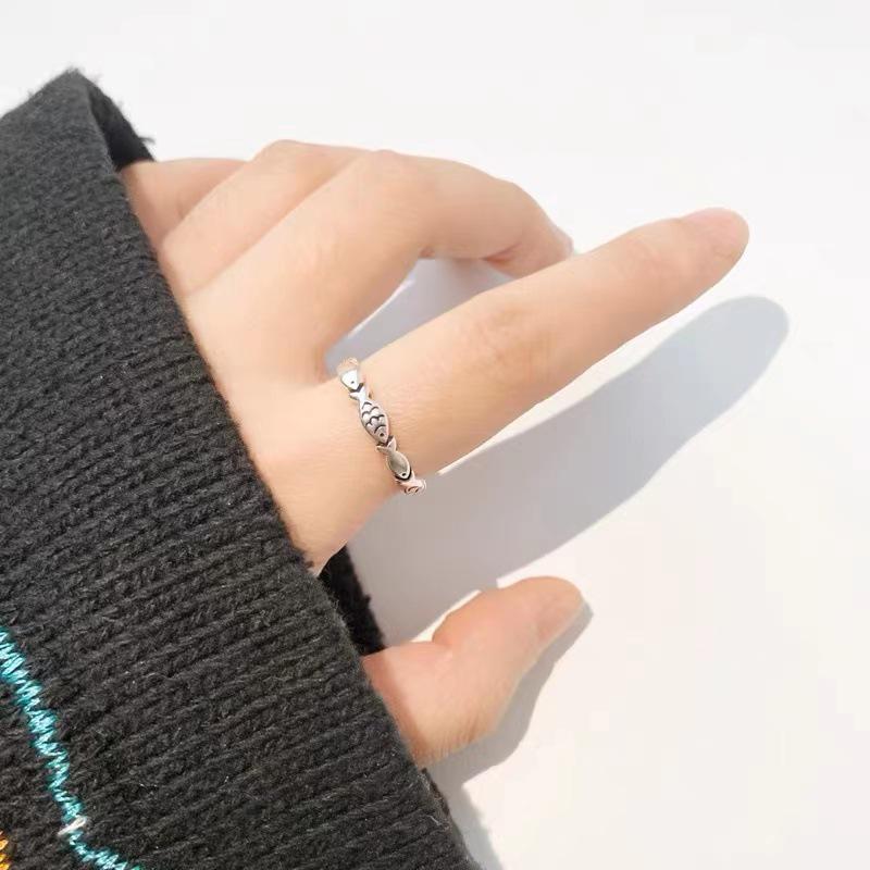 S925 Retro Thai Silver Fish Ring, Adjustable Japanese-Style Fashion Jewelry