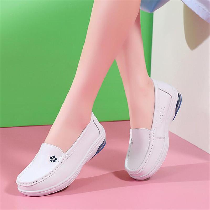 Fashion New Women Flat Genuine Leather Nurse Shoes Casual White Wedge Soft Bottom Slip On Moccasins Comfortable Hollow Out Work Shoes