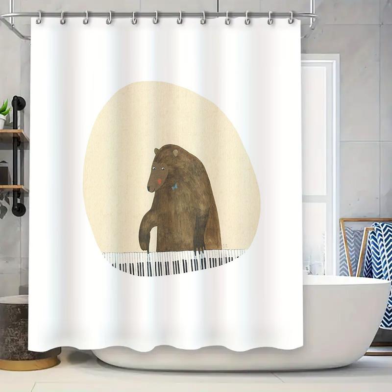 

Cute Bear Piano Music Bathroom Curtain Set Waterproof Shower Liner Decor Vintage Artistic Home Decor Gift W60H190(CM)-1 Pcs