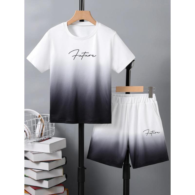 Best-Selling New Style Suit for Girls and Boys, Simple and Fashionable Gradient Letter Printed Short-Sleeved Shorts Suit, Casual Holiday Style