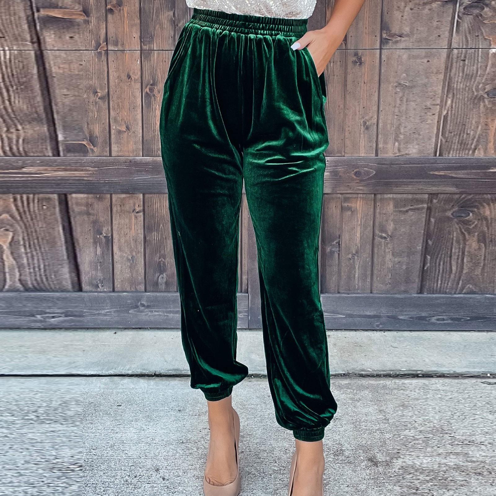 

Женские золотые бархатные брюки, прямые брюки, повседневные брюки с эластичной резинкой на талии XL зелёный