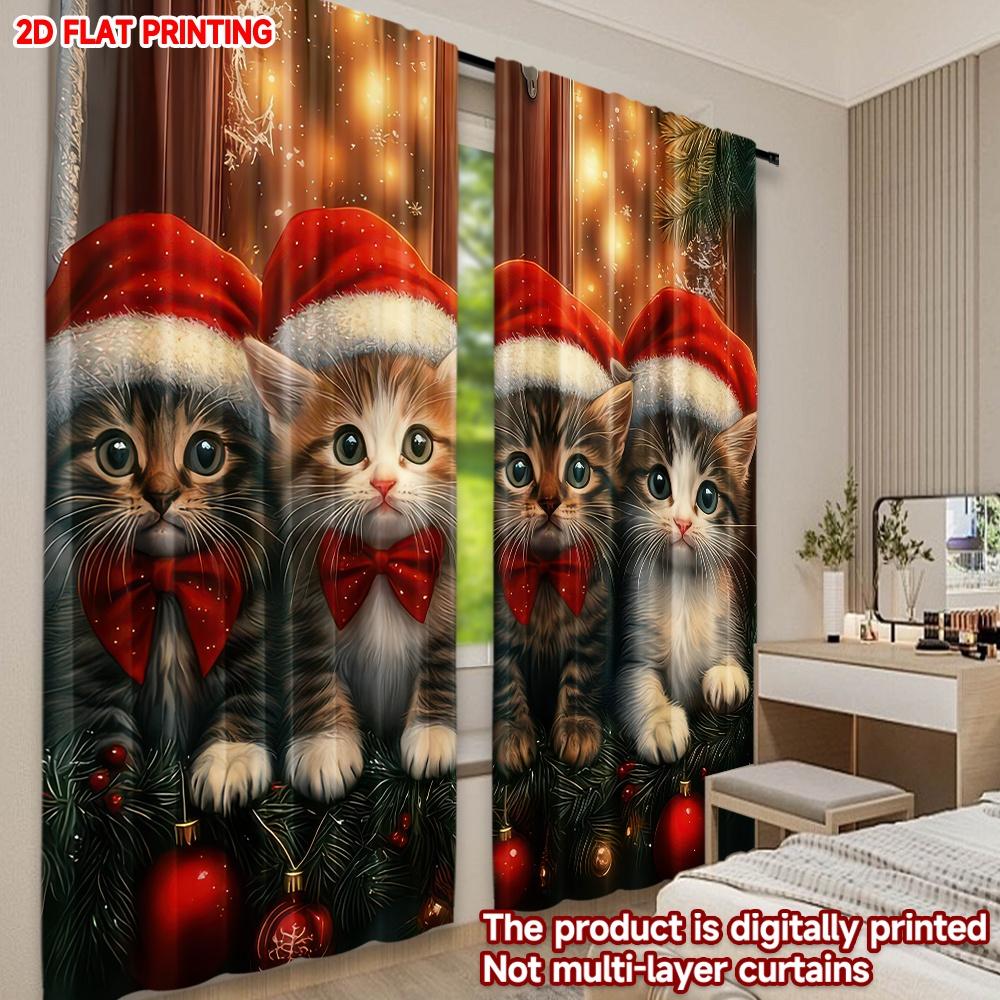 Set Of 2 Flat Printing Happy Christmas Fashion Curtains Cute Kittens Digital Printed Polyester Drapes Party Holiday Made
