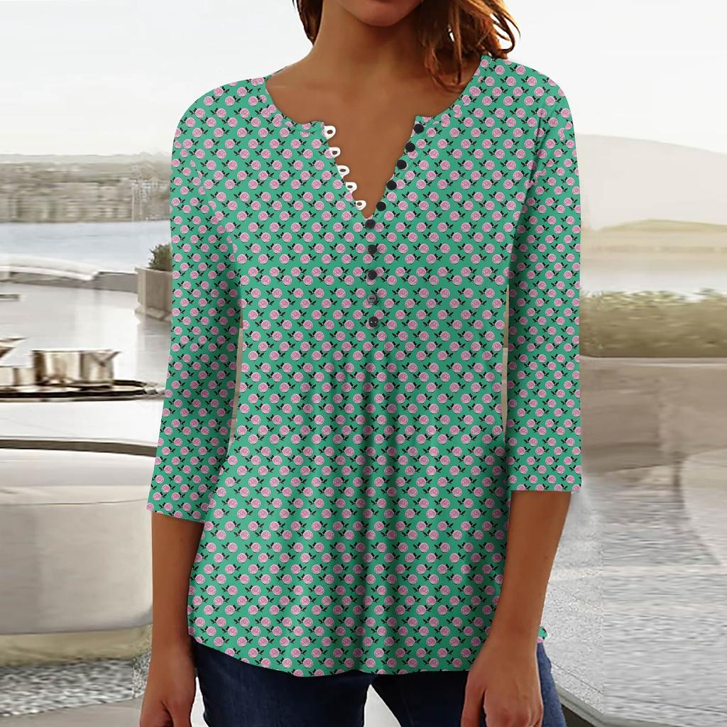 Women's Fashion Casual Pullover T-Shirt 3/4 Sleeve Printed Top