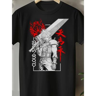 Men's VII Cloud & Strife Anime T-Shirt - Japanese Gaming Tee with Iconic Print, Softstyle Round Neck Casual Shirt Suitable for Gamers, Machine