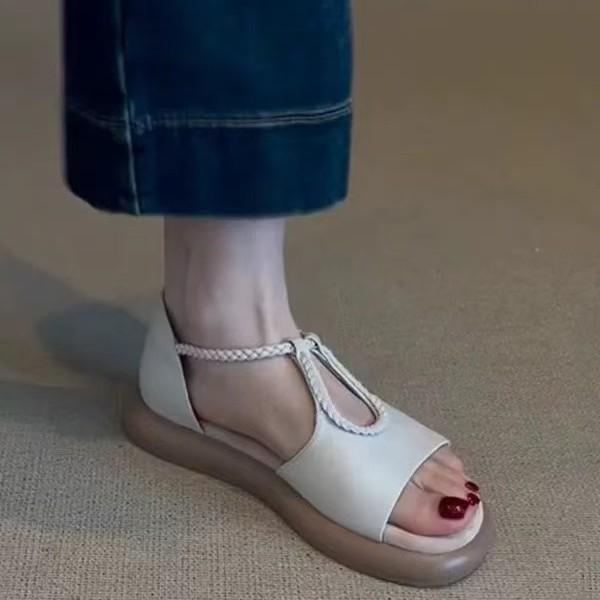 Casual fashion sandals 2025 summer new round head soft sole one-word buckle woven belt single shoes sandals women