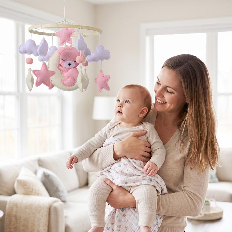 Music Box Bed Bell Hanging Bracket Toy Wooden Crib Mobile Baby Bed Bell Rattle Toy Soft Felt Cartoon Bear Mobile Bracket Newborn