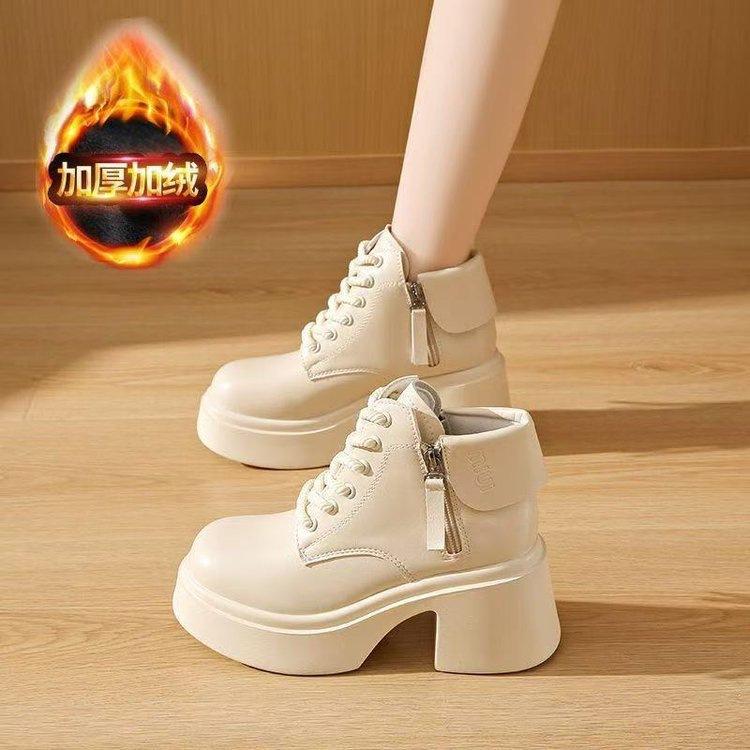 British Soft Leather Heightening Short Boots Women's 2025 Autumn and Winter New Short Boots Low-top Martin Boots Small High-heeled Cotton Boots Women