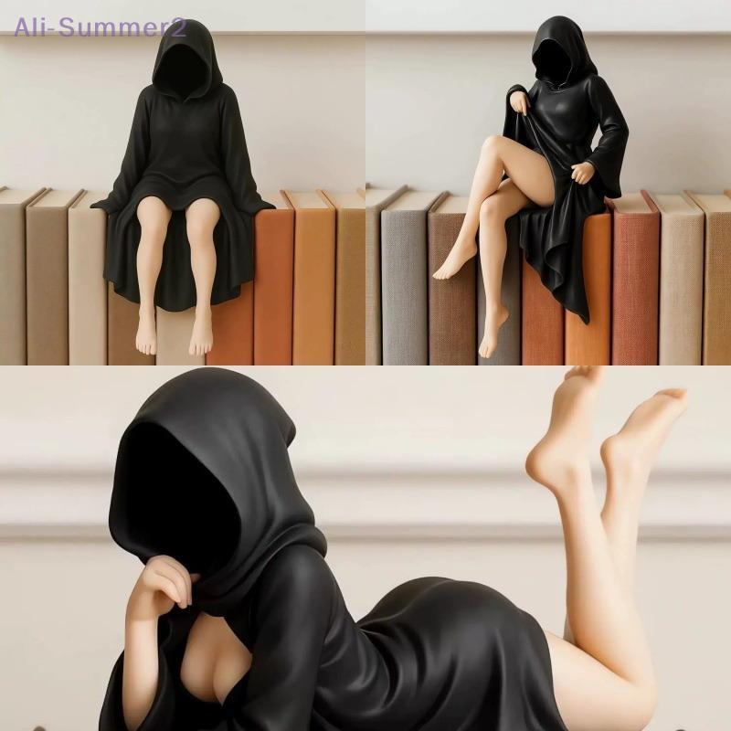 3D Mysterious Statue Gothic Black Robe Queen Figure Bookshelf Sculpture Spooky Sitting Statues Desktop Ornaments Halloween Gifts