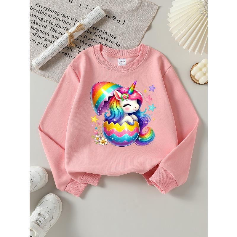Kids' Sweatshirts, Girls' Sweatshirts, Girls' Autumn Winter Fashion Rainbow Unicorn Easter Egg Print Long Sleeve Round Neck Sweatshirt