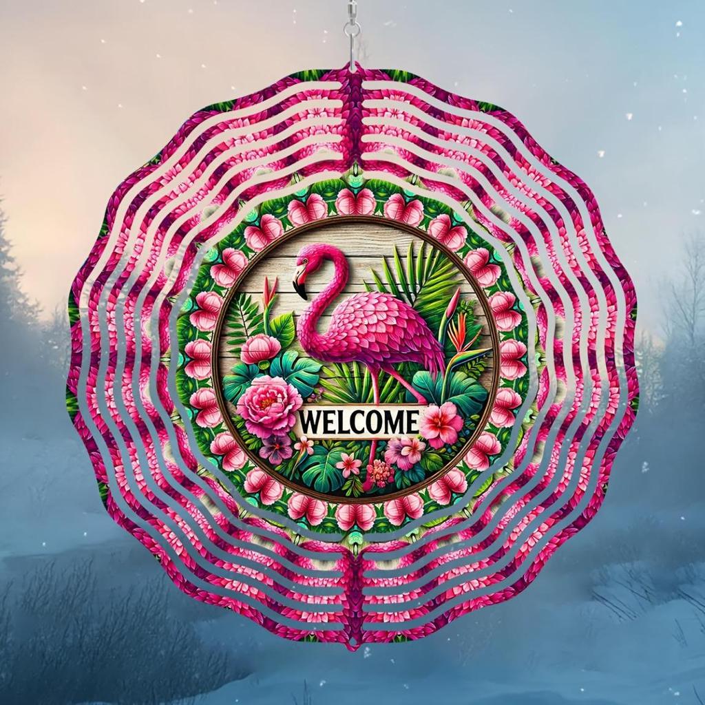 Vibrant Flamingo Wind Spinner 10 Inch 2D Kinetic Metal Hanging Ornament with Colorful Feather Design Welcome Text for Garden Yard Decor