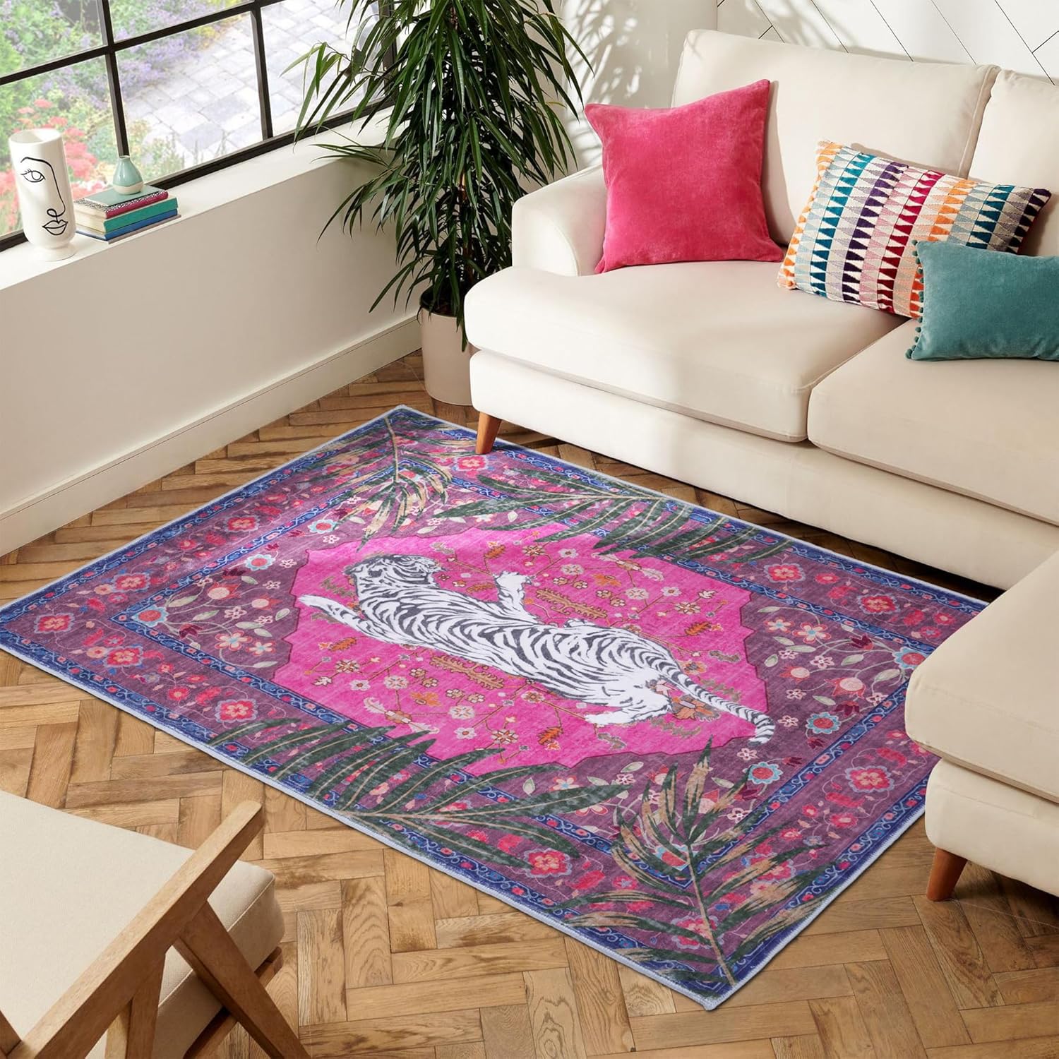 

Bohemian Tiger Pink Tropical Leaf Carpet Mat Anti Slip Durable Soft Anti Slip Carpet Home Living Room Decoration Flowers Rug 50X80CM