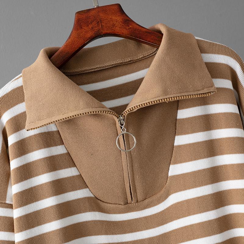 POLO Collar Striped Sweater Set Women's Autumn and Winter Loose Fashion Casual Knitting Two-piece Set