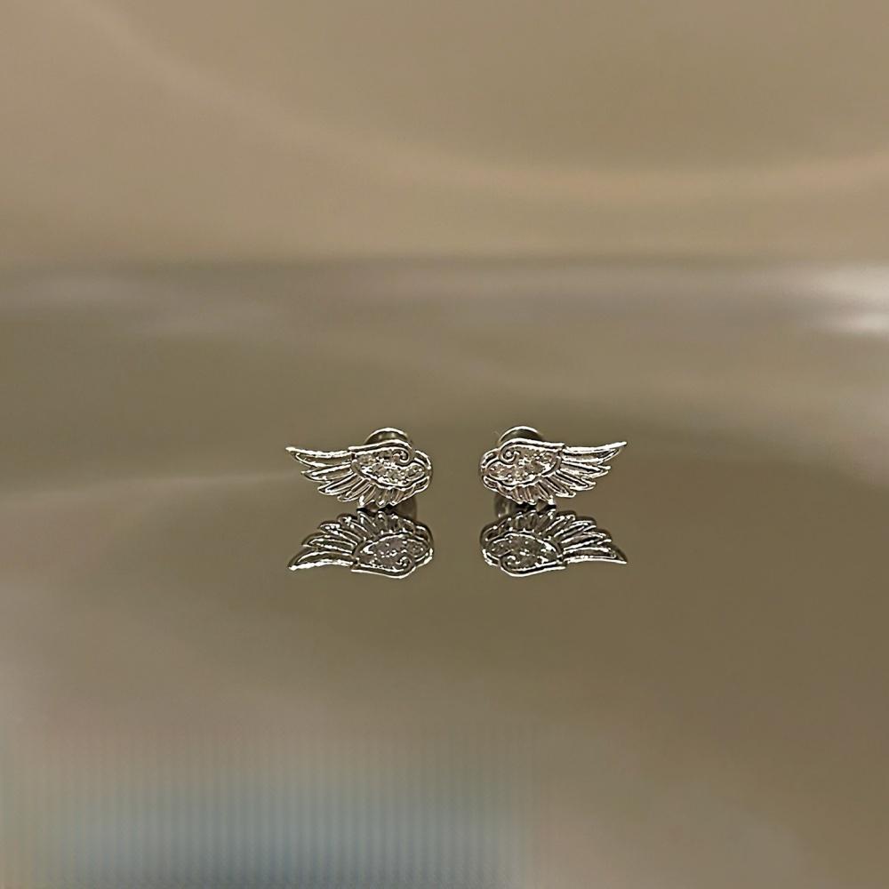 Orecchini a Bottone Moda in Acciaio Inossidabile con Ala di Zircone per Donna Uomo Colore Argento Cristallo Lucido Ali d'Angelo Creative Borchie Gioielli