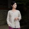 Spring & Autumn Retro Solid Color Cotton-Linen Zen Tea Top with Oblique Lapel & Frog Button
