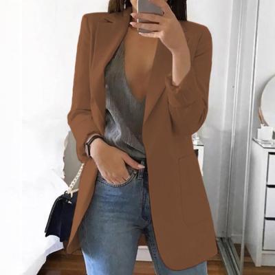 Kadınlar Katı Açık Ön Cepler Hırka Resmi Takım Elbise Uzun Kollu Bluz Ceket