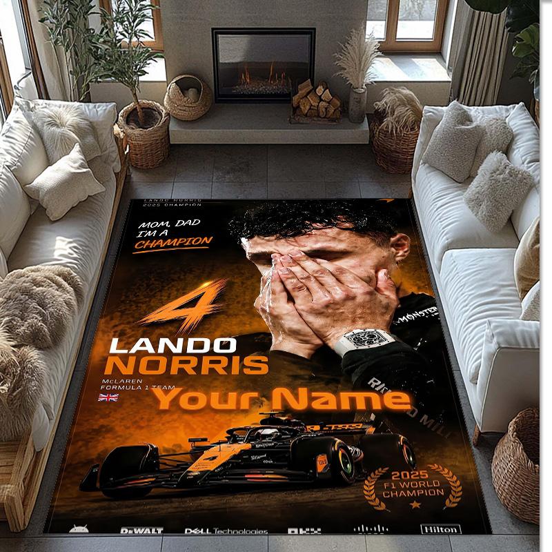 Lando Norris Crystal Velvet Rug, Custom Name Text Personalized Non‑Slip Floor Mat for Home Decor Gift
