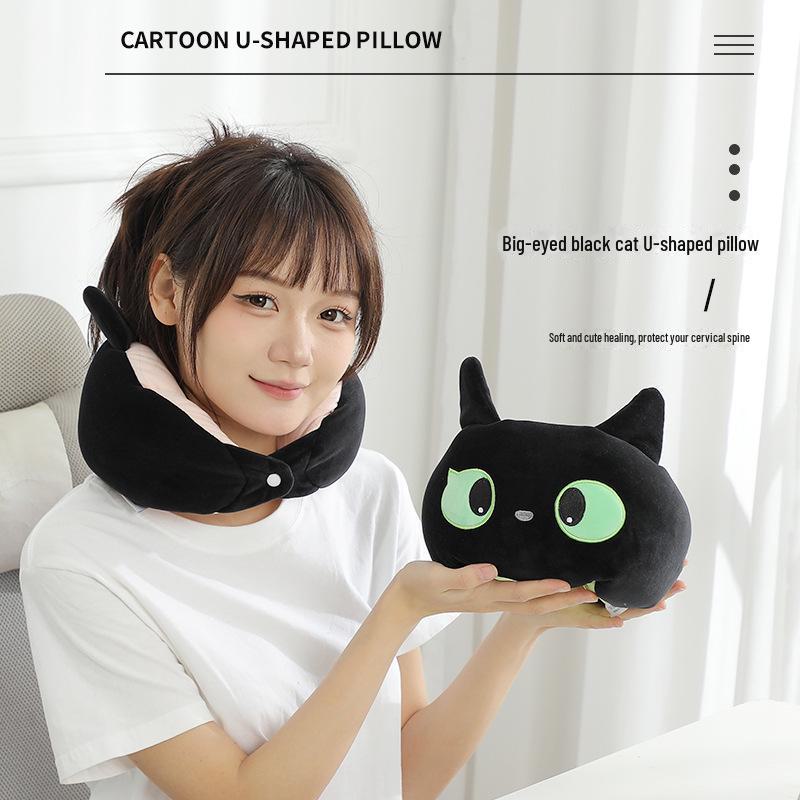 Black Cat Series U-Shaped Foam Particle Neck Pillow with Hood for Office Nap and Travel