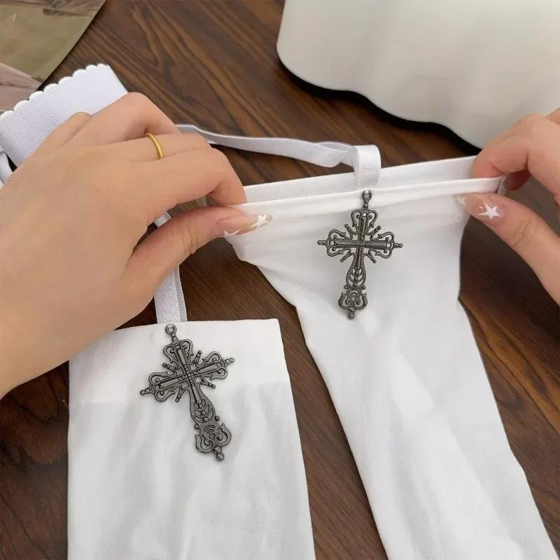 Medias de Tirantes con Cruz de Terciopelo Plateado para Niñas Finas Japonesas Lolita Medias de Cosplay Hasta el Muslo Calcetines por Encima de la Rodilla