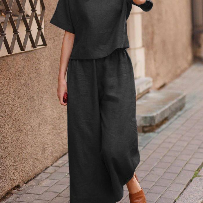 2025 Spring & Autumn Cross-Border Solid Color Casual Two-Piece Set with Fashionable Wide-Leg Pants