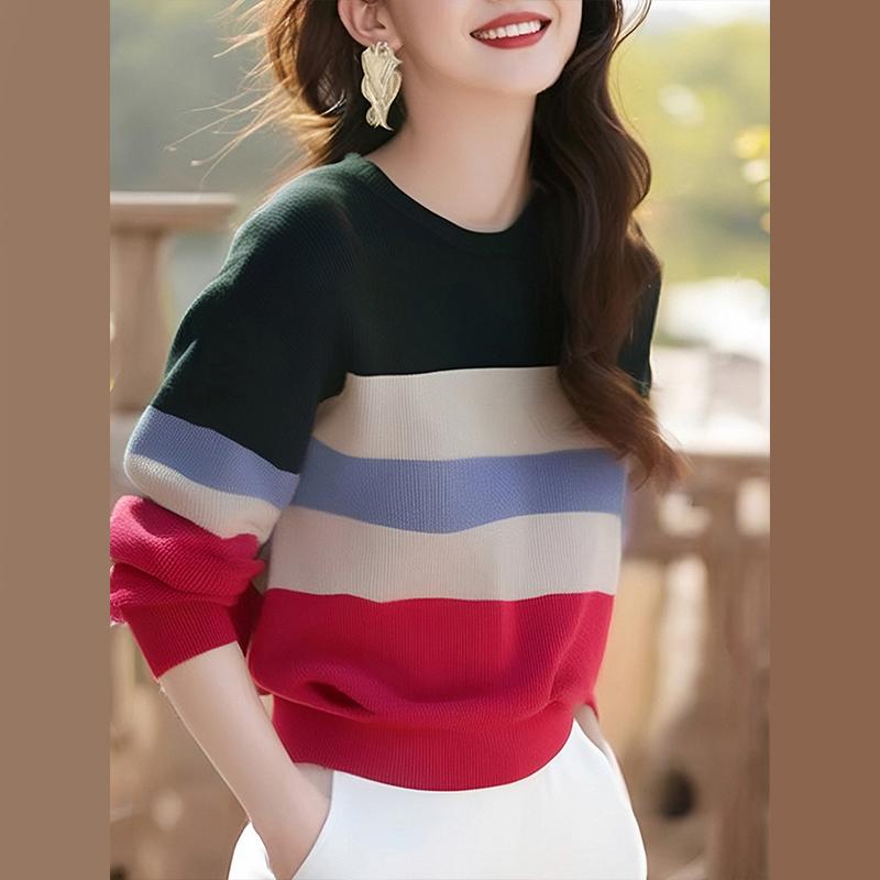 

Женские свитера, пуловеры 2025 Осень-Зима Длинный рукав О-образный вырез Полосатый черный вязаный свитер Женские топы, пуловер JJ305 One Size чёрный