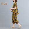 Női 2 részes szabadidős szett alkalmi kockás plus size rövid ujjú felső és melegítőnadrág szett nyári laza szett