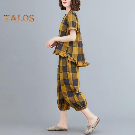 Dámský dvoudílný set s krátkým rukávem a teplákovými kalhotami ve velké velikosti, ležérní kostkovaný, volný, letní