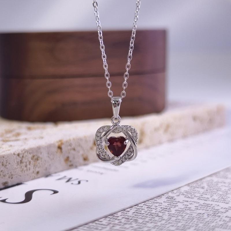 Women's S925 Sterling Silver Double Heart Necklace Natural Crystal Garnet Peridot Clavicle Chain
