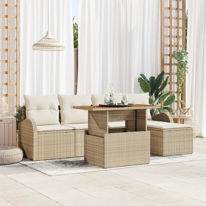 VidaXL Set de salle à manger de jardin 6 pièces avec coussins Beige Rotin Acacia 3349574