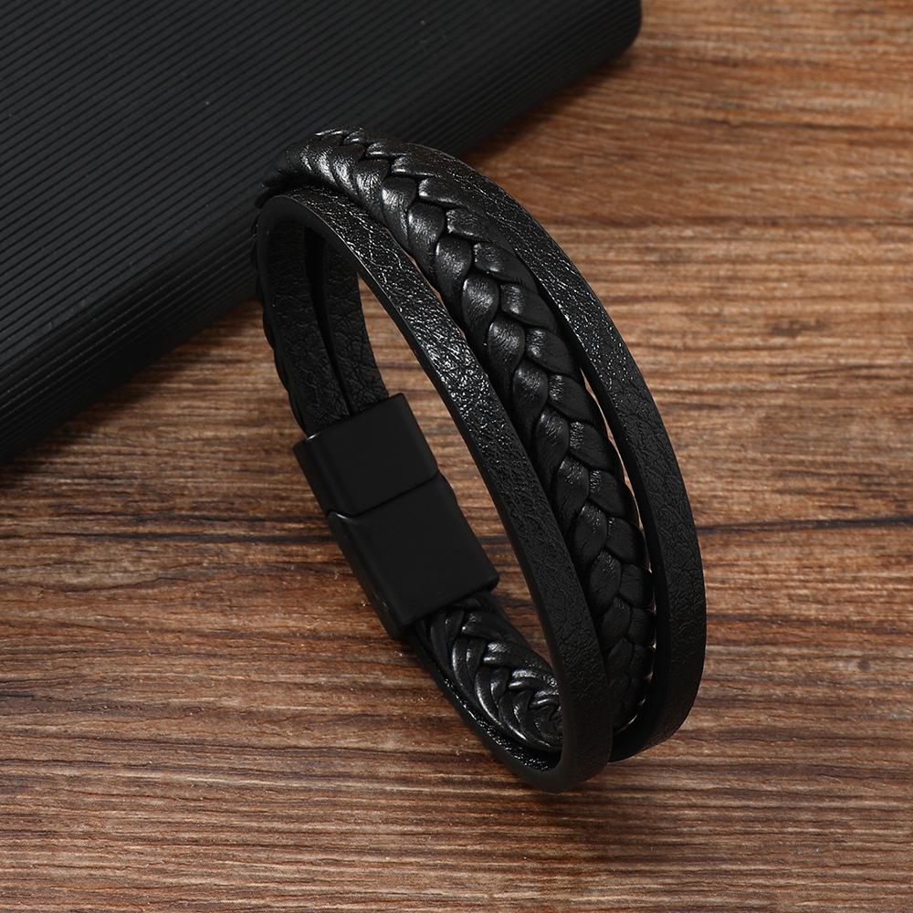 Men's 2023 Retro Leather Cord Woven Bracelet with Magnetic Buckle - European & American Ethnic Style