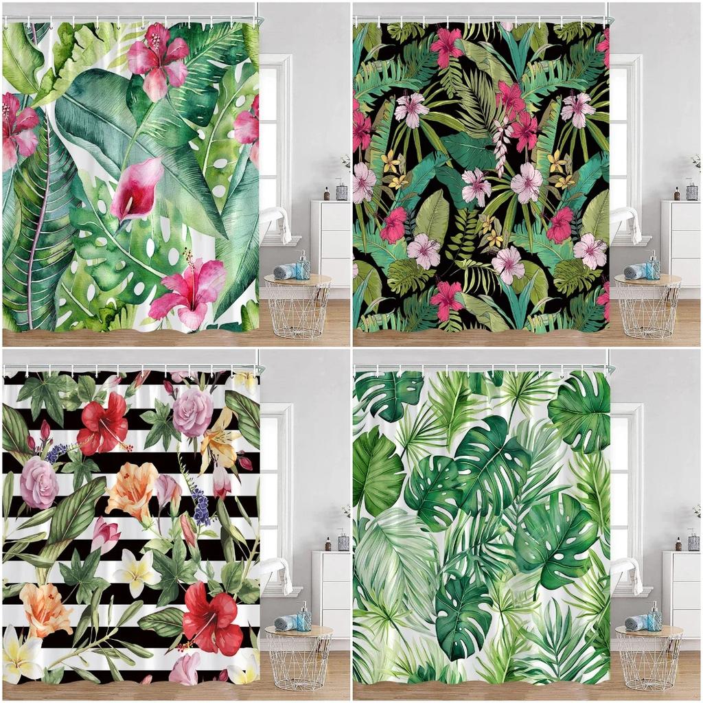 Tropical Leaves Shower Curtain Green Leaf Palm Flower Flower Bathroom Curtain Green Plant Bathroom Decoration with Hook