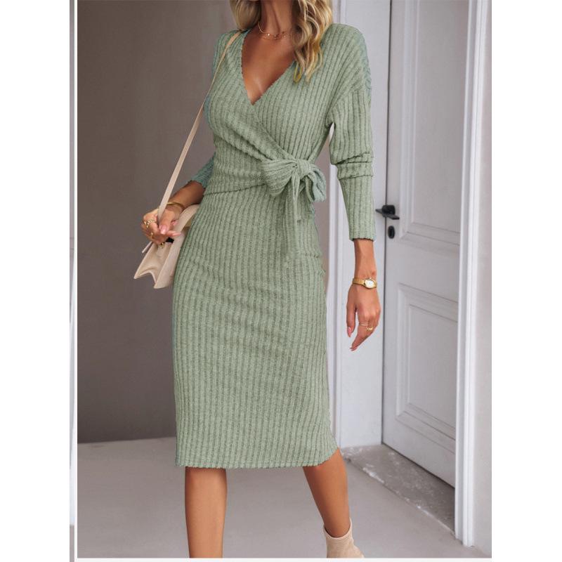 Women s V-Neck Long Sleeve Knitted Tie-Up Dress - Autumn/Winter 2026 Collection Extra Large светло-зеленый