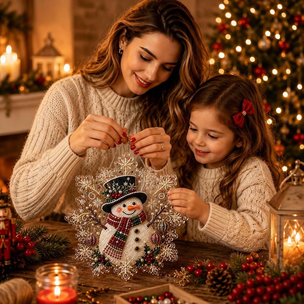 Christmas Pearl Diamond Painting Suncatcher Kit - 8 Inch Acrylic Snowflake Ornament with 3D Mixed-Size Beads Pre-Assembled Metal Chain for Holiday
