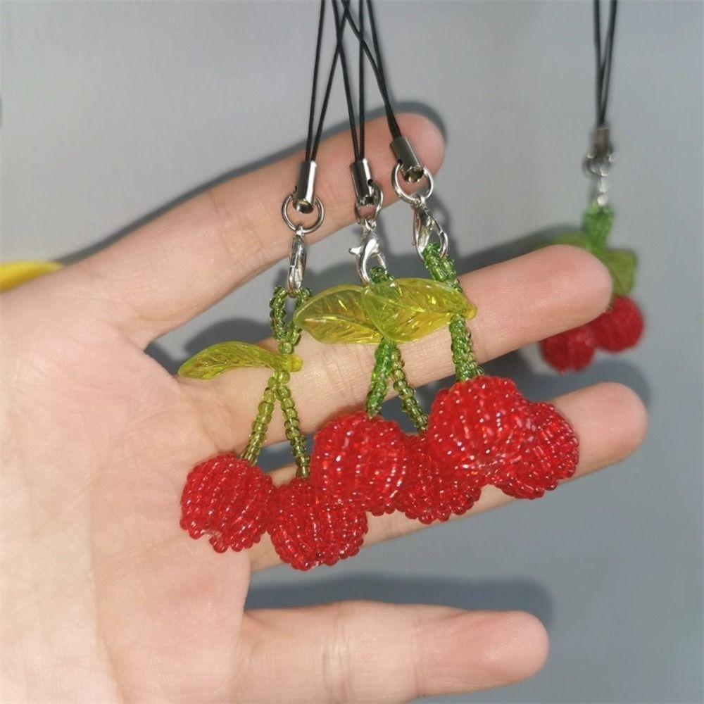 Short Summer Cherry Pendant Beaded Cherry Phone Lanyard Y2K Mobile Phone Charms  Backpack Ornament