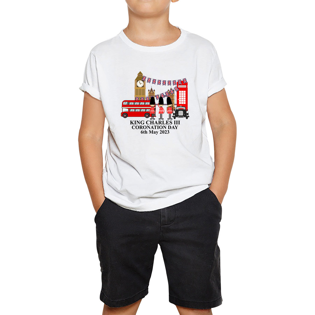 King Charles III Coronation Day 6th May 2023 Great Britain Big Ben Tower Telephone Booth And Red Bus London England Flag Kids T Shirt 120