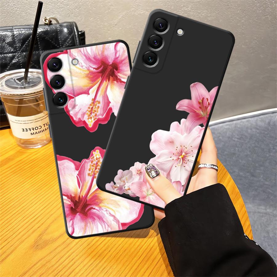 Case for Samsung Galaxy A70 A06 A04 A05 A50 A40 A16 A20 A13 A17 A10 A12 A30 A15 Black Soft Phone Cover Pink Lily Flower Pattern