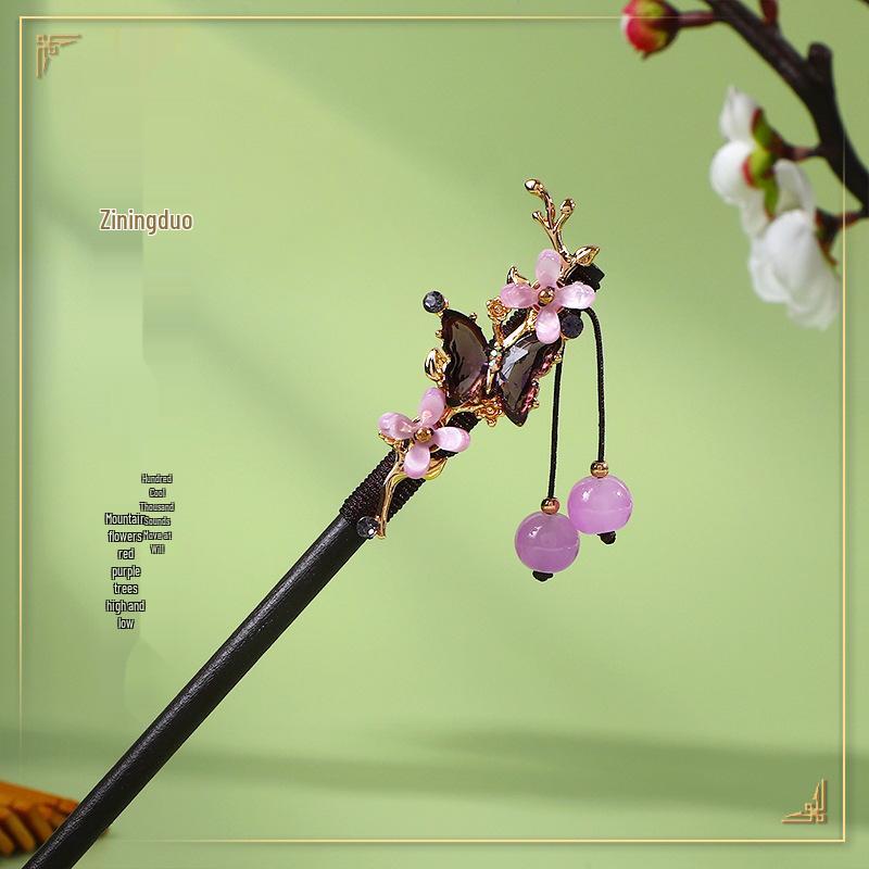 Vintage-Style Ebony Imitation Hairpin with Tassels and Wooden Step-Shaking Design for Hanfu and Ancient Costume Accessories