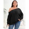 Women's Autumn and Winter Large Size Tie Bat Sleeve Sexy Strapless One Neck Studded Sweater
