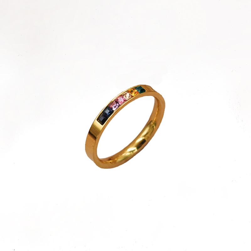 Micro-Set Colored Zircon Titanium Steel Ring 18K Gold Geometric Fashion Hipster Retro Popular Ring